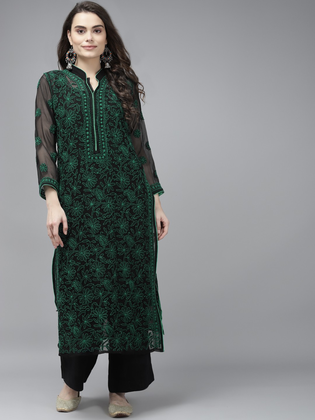 

ADA Women Black & Green Ethnic Motifs Chikankari Georgette Handloom Kurta With Slip