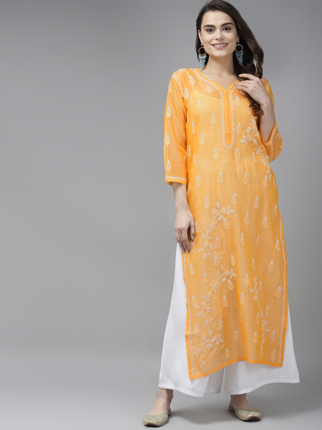 

ADA Women Yellow Chanderi Cotton Chikankari Embroidered Handloom Kurta