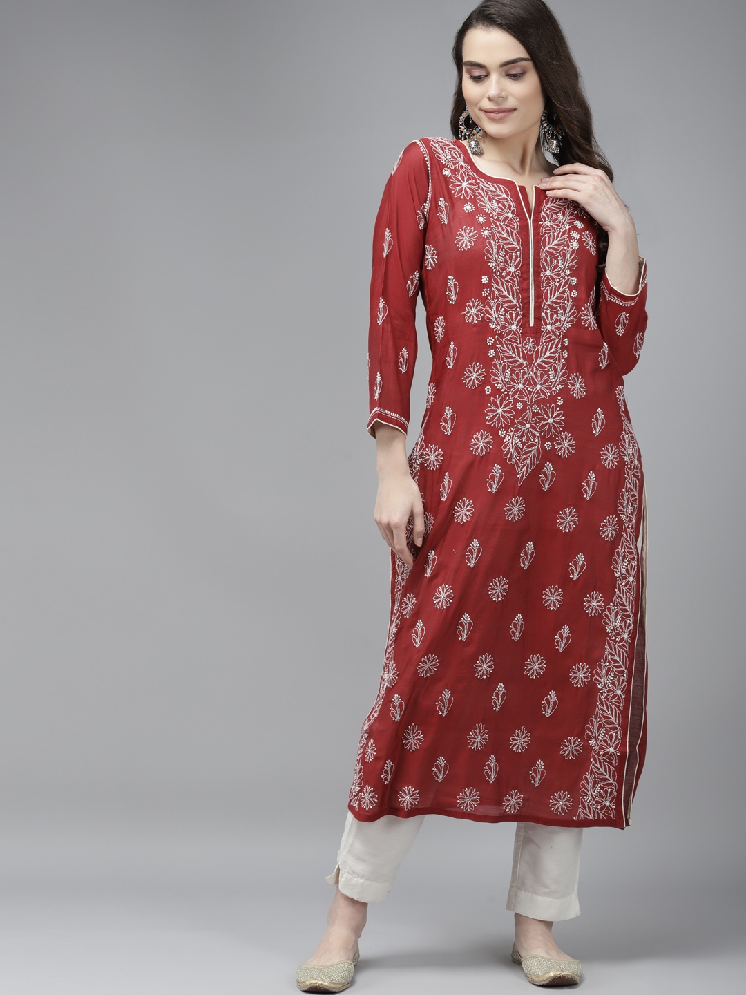 

ADA Women Maroon & White Ethnic Motifs Chikankari Handloom Kurta