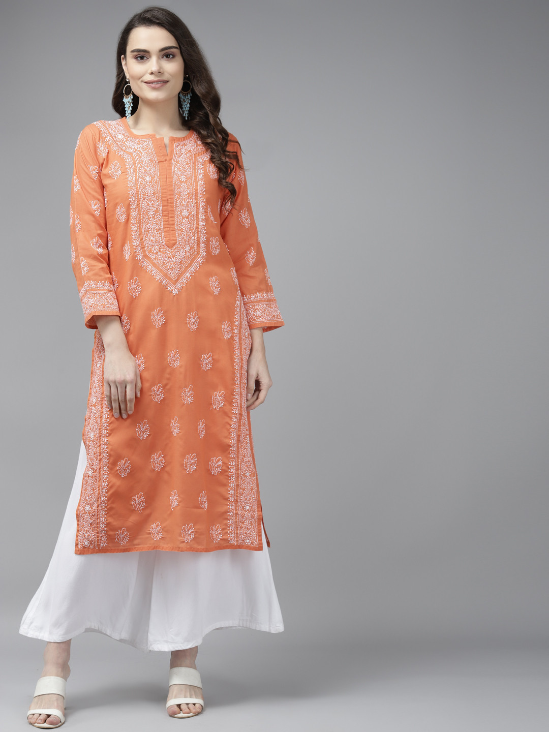 

ADA Women Rust & White Ethnic Motifs Chikankari Cotton Handloom Kurta
