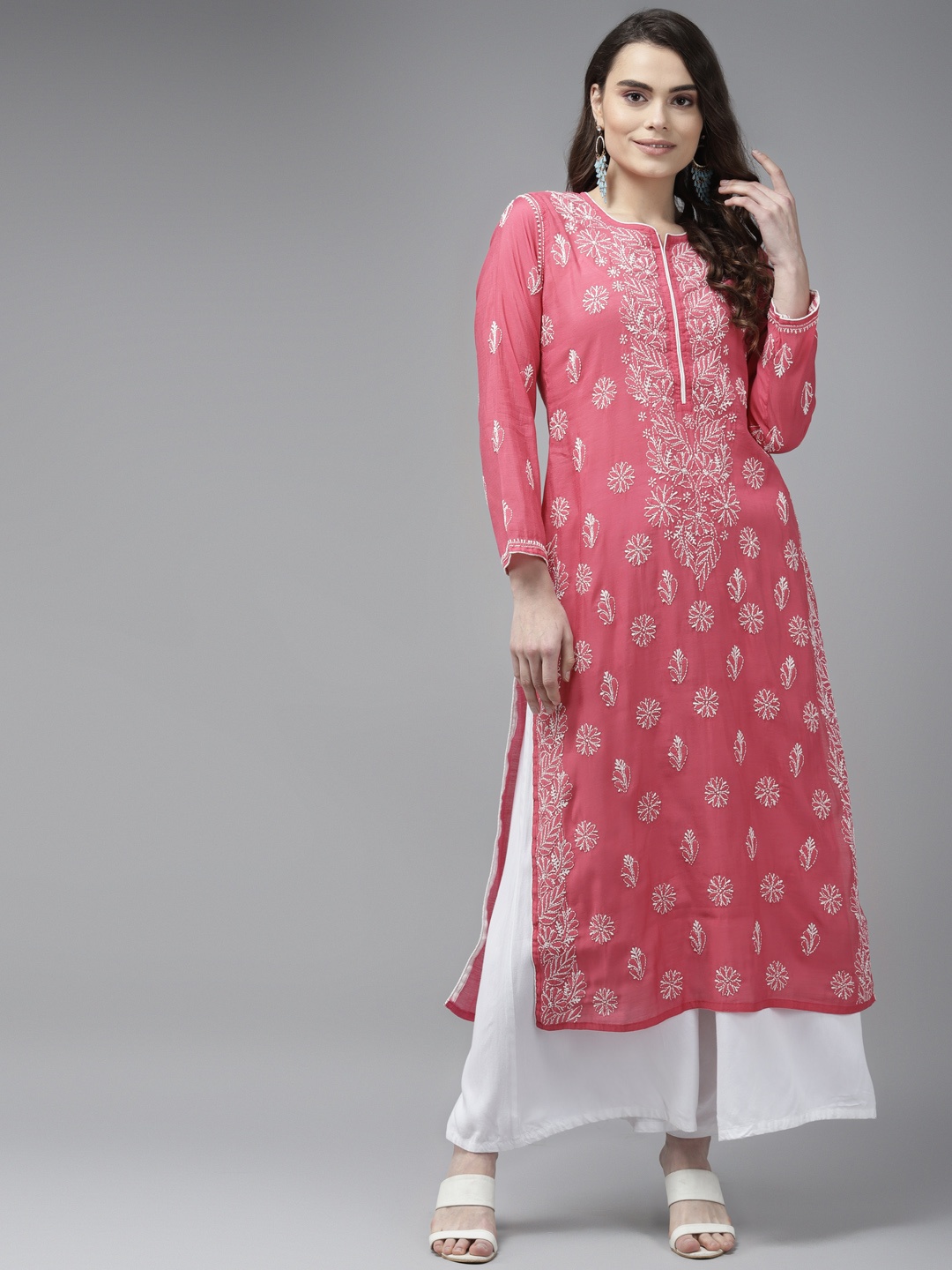 

ADA Women Magenta & White Ethnic Motifs Chikankari Cotton Handloom Kurta