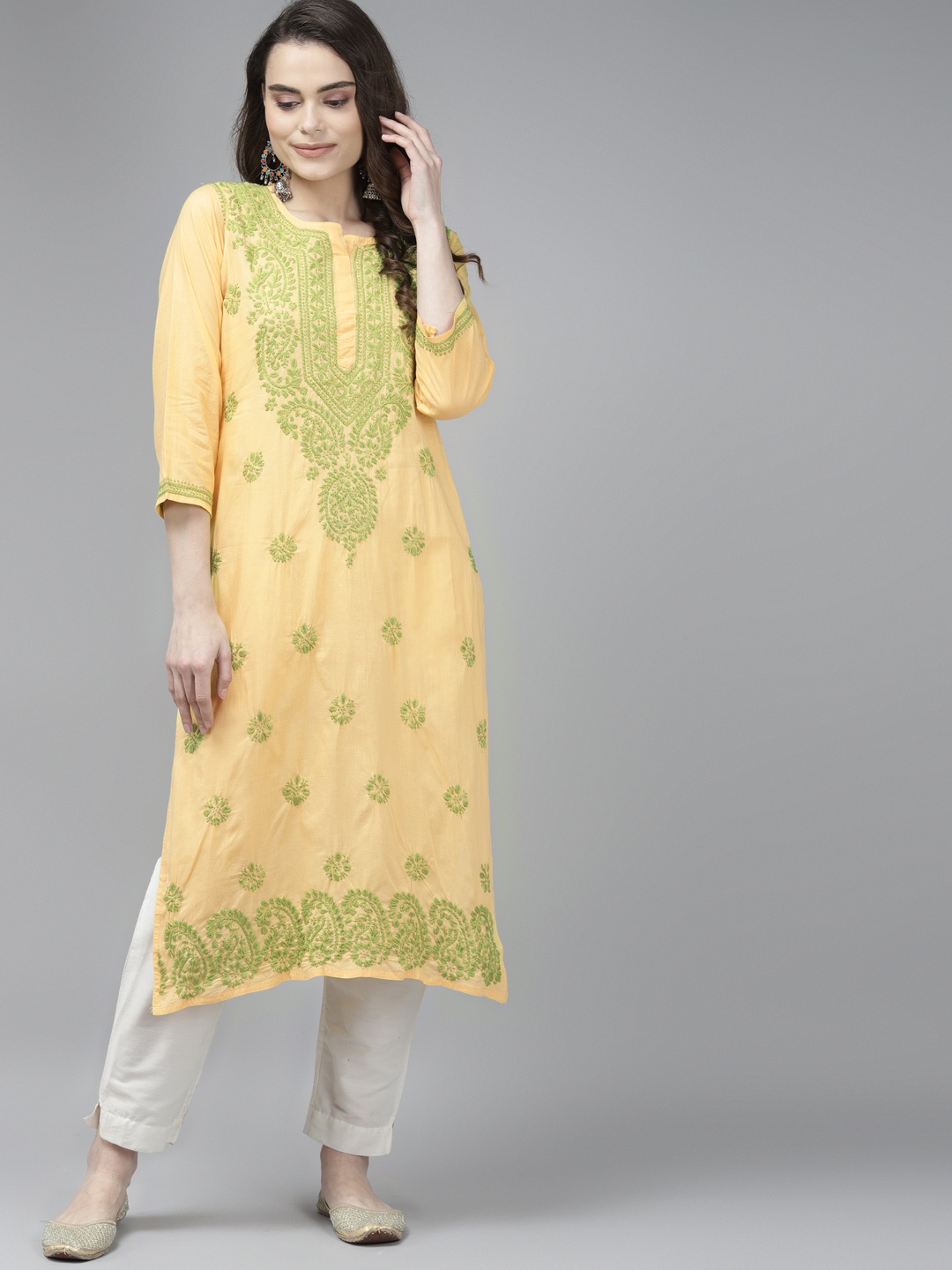 

ADA Women Yellow & Green Ethnic Motifs Chikankari Cotton Handloom Kurta