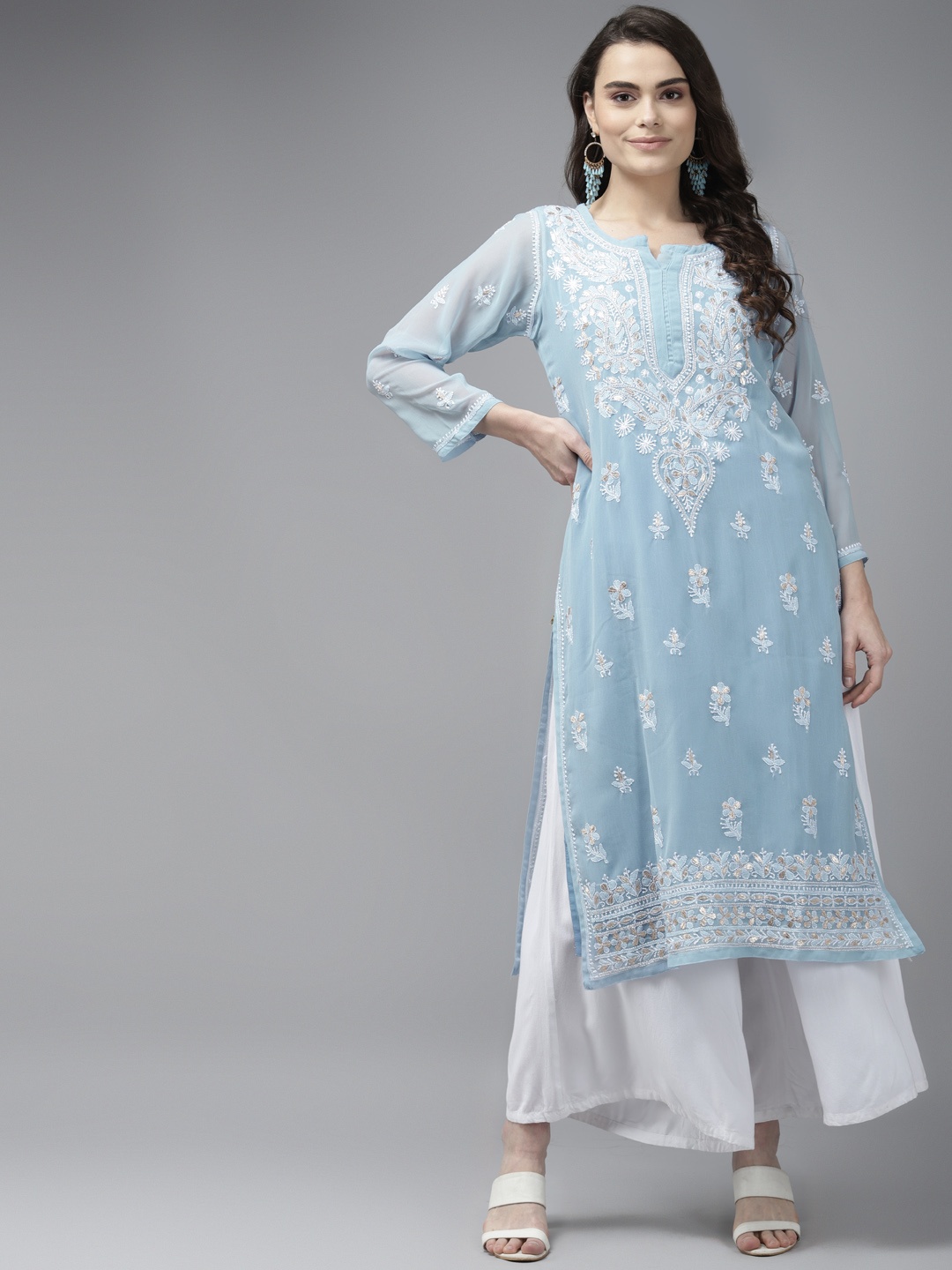 

ADA Women Blue Chikankari Embroidered Georgette Kurta