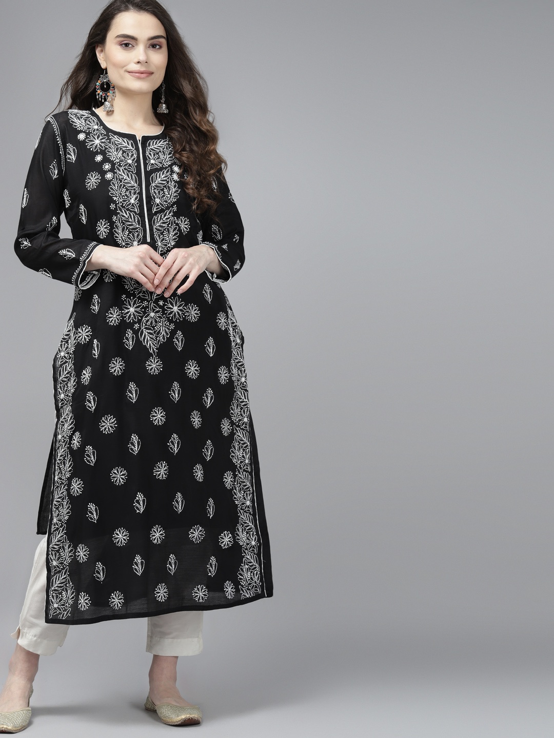 

ADA Women Black & White Ethnic Motifs Chikankari Chanderi Cotton Handloom Kurta