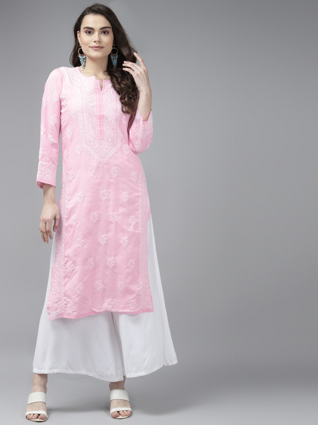 

ADA Women Pink & White Cotton Chikankari Embroidered Kurta