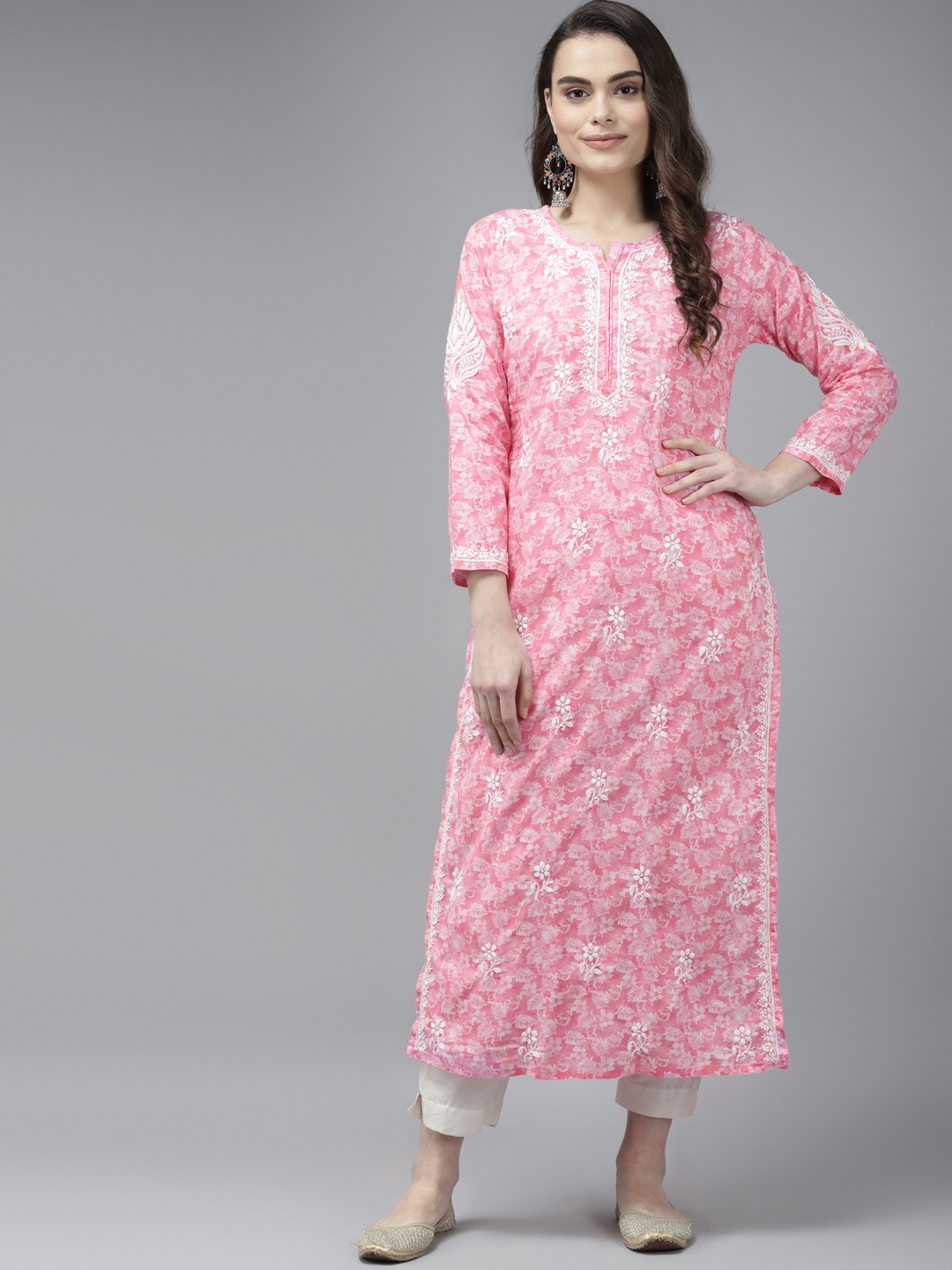 

ADA Women Pink & White Floral Chikankari Cotton Handloom Kurta