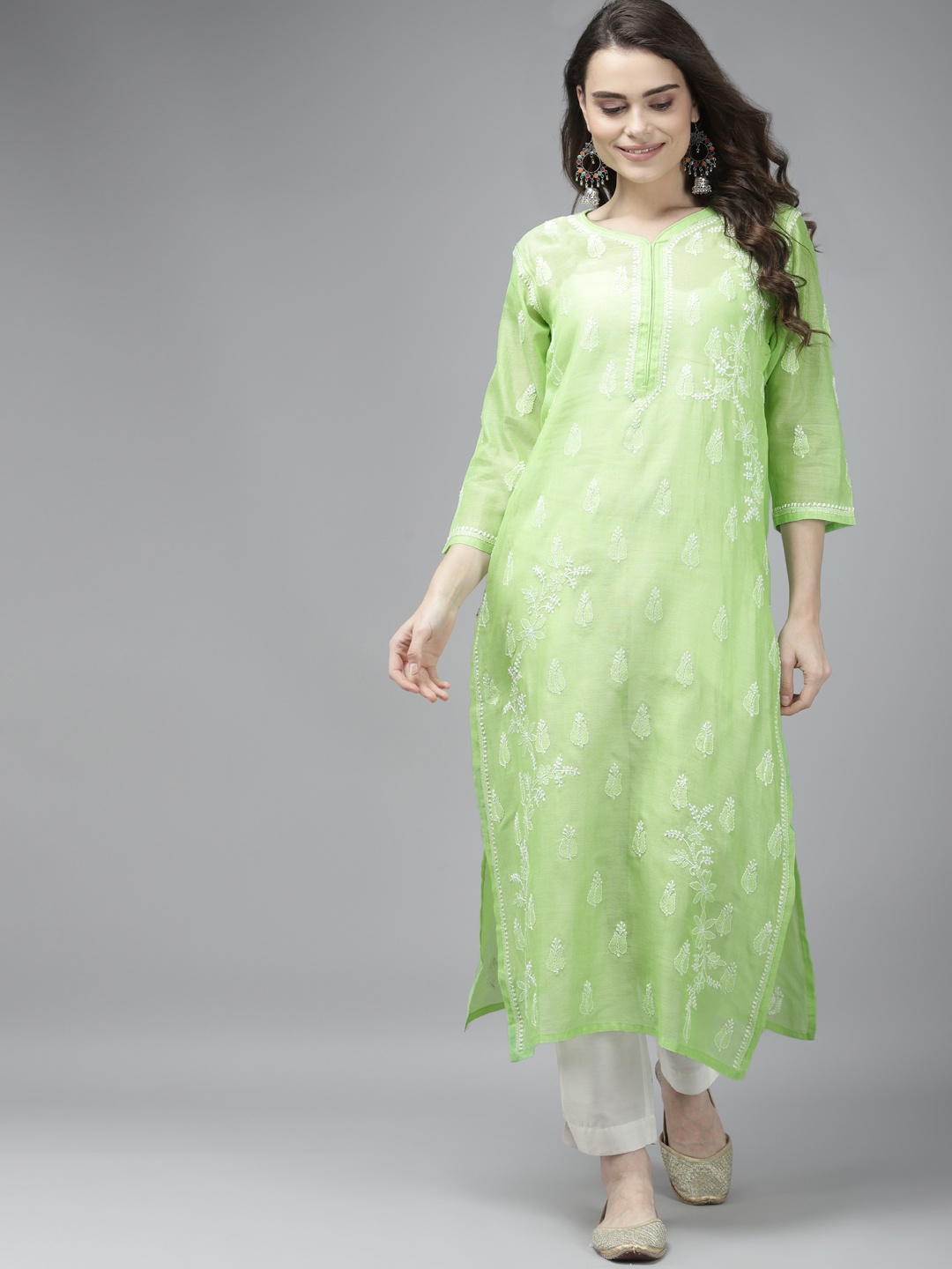 

ADA Women Green & White Ethnic Motifs Chikankari Chanderi Cotton Kurta