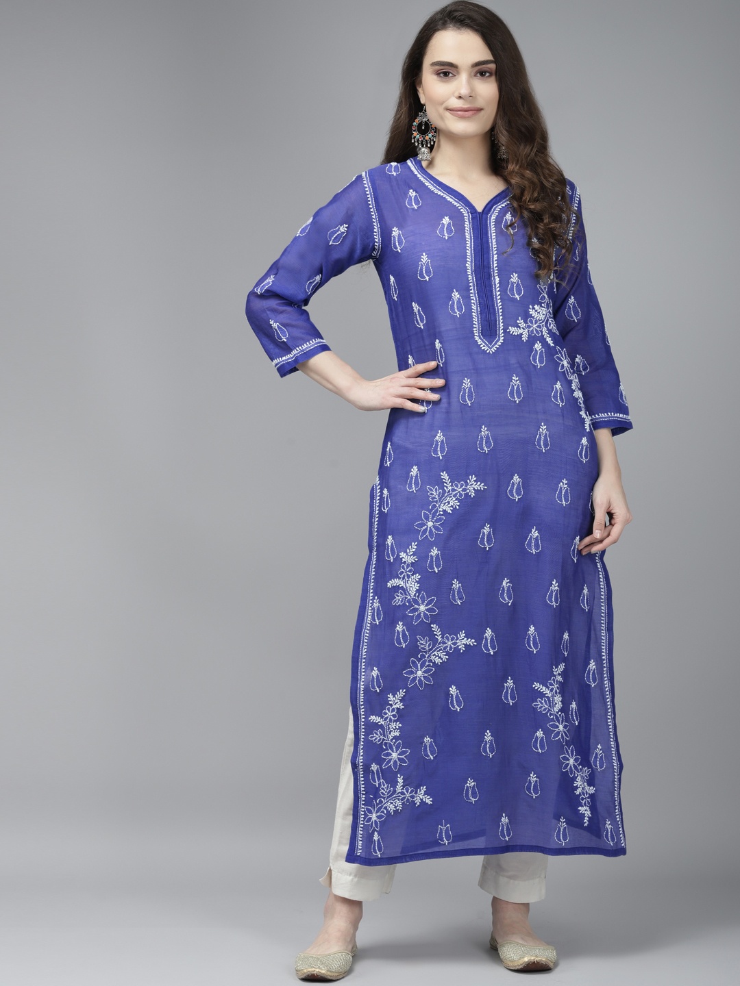 

ADA Women Blue Chanderi Cotton Chikankari Embroidered Kurta
