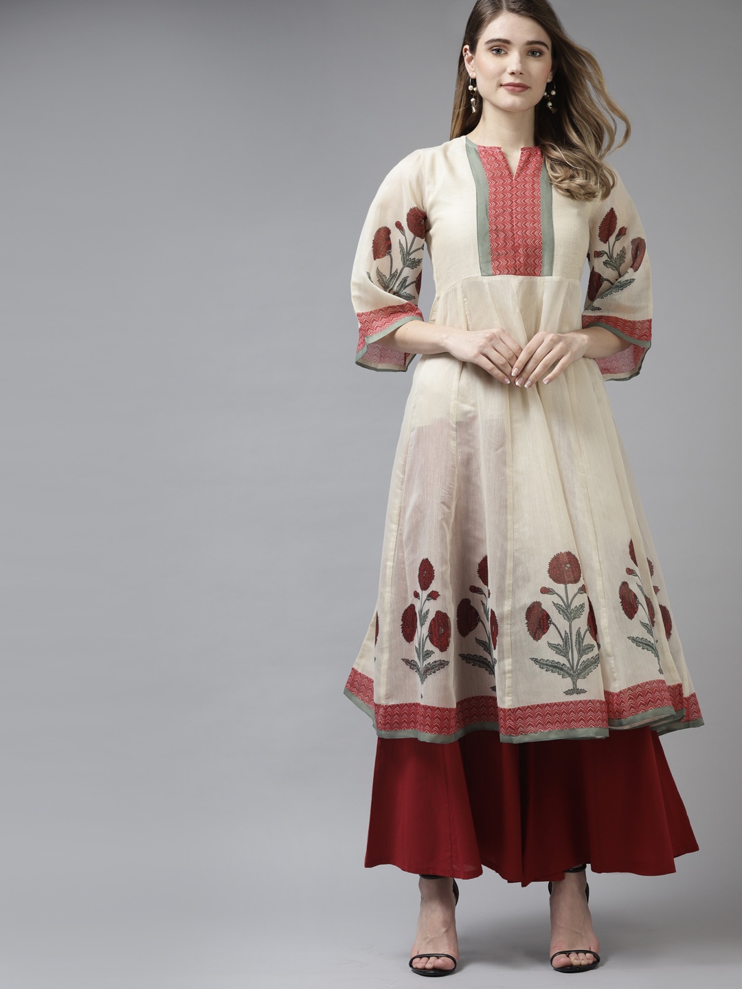 

Bhama Couture Women Beige Floral Printed Panelled Chanderi Cotton Kurta with Palazzos