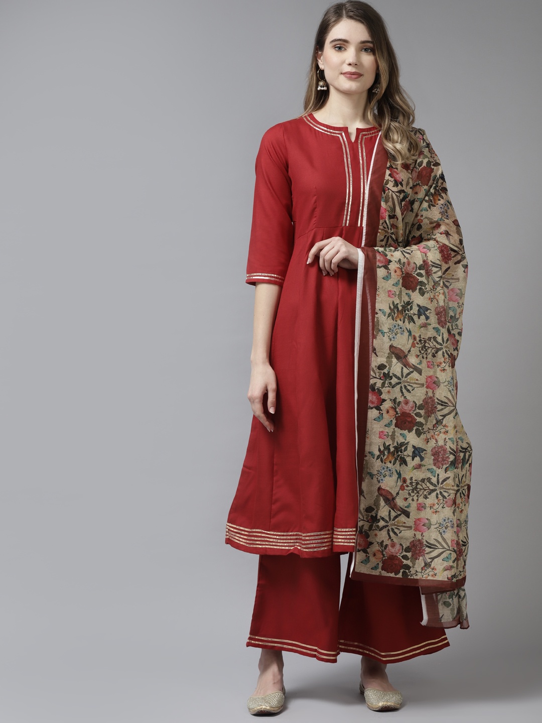 

Bhama Couture Women Red Panelled Kurta with Palazzos & With Dupatta