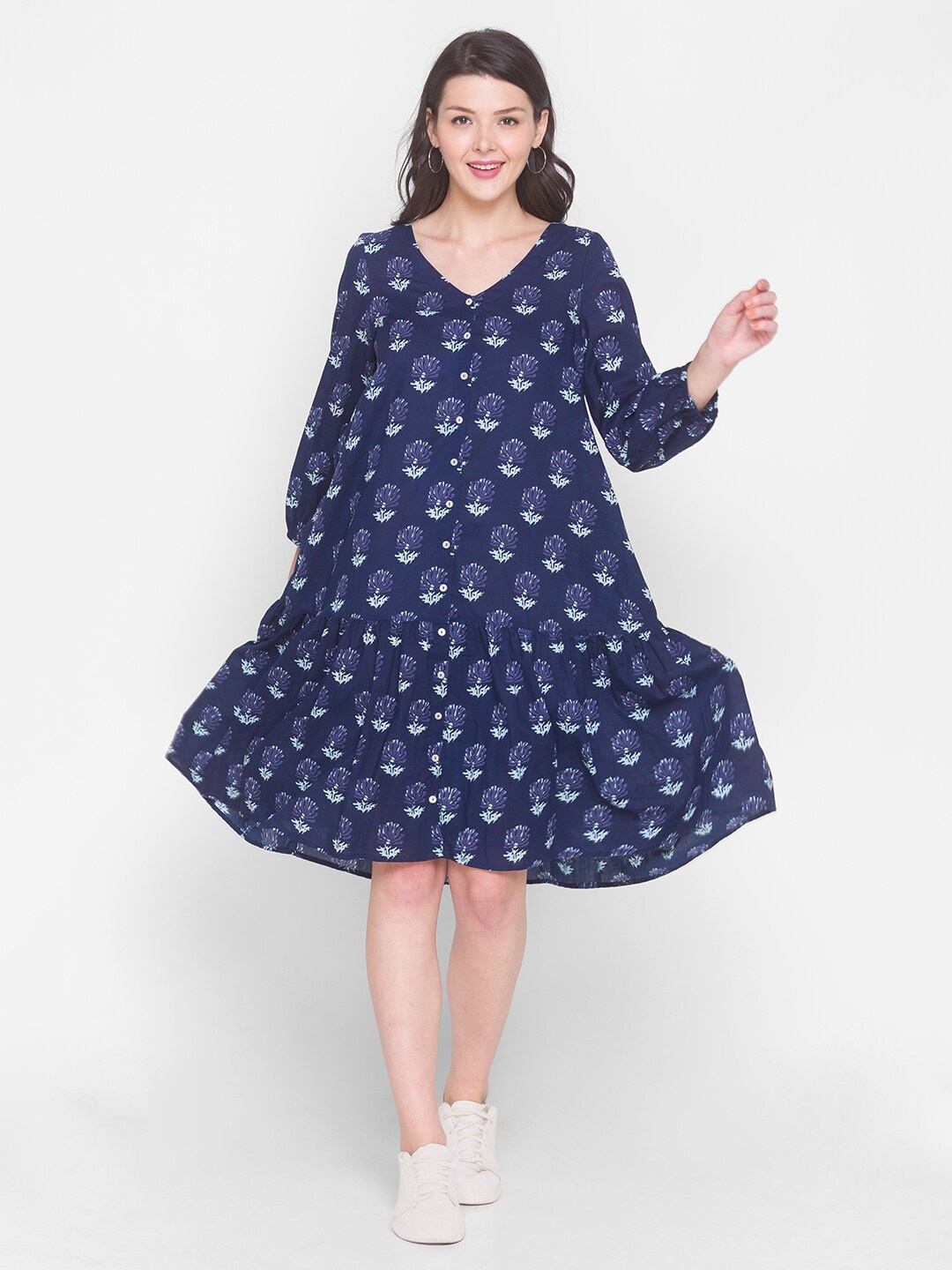 

TERQUOIS Navy Blue Ethnic Motifs Drop-Waist Dress