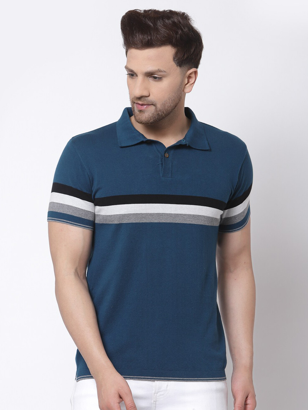 

Kalt Men Teal & White Striped Polo Collar T-shirt