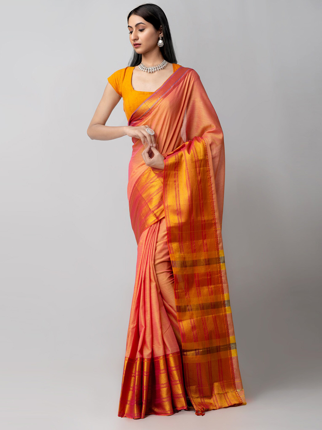 

Unnati Silks Orange & Pink Woven Design Pure Handloom Narayan peth Saree