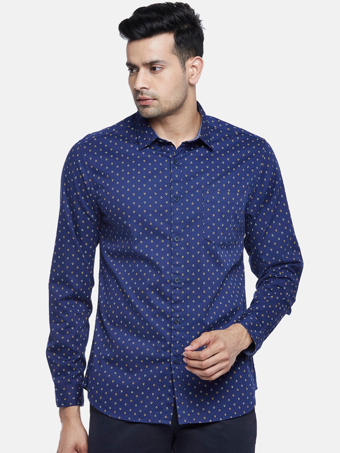 

BYFORD by Pantaloons Men Navy Blue & White Slim Fit Printed Pure Cotton Casual Shirt