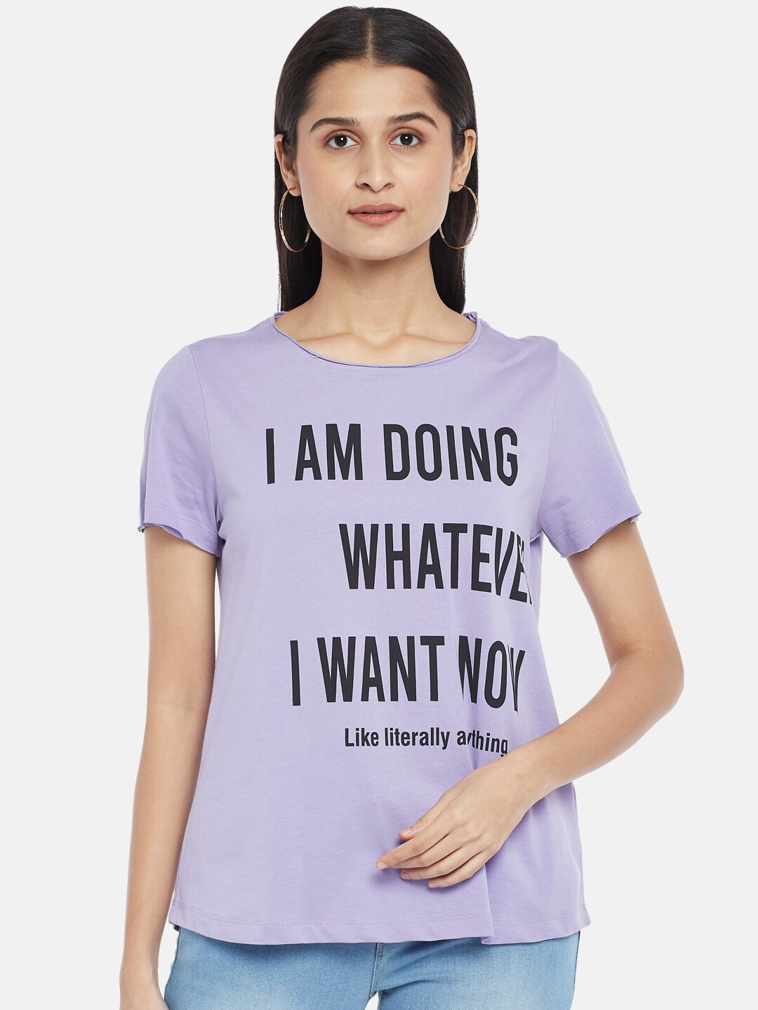 People Women Purple Typography Printed Pure Cotton T-shirt