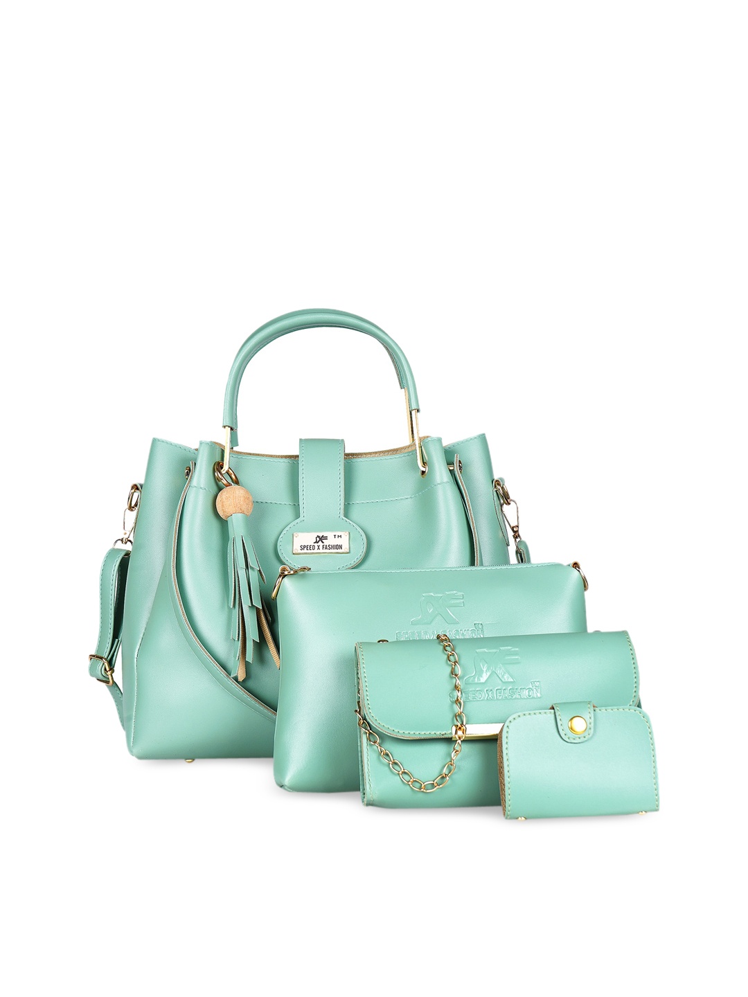 

SXF SPEED X FASHION Green PU Shopper Handheld Bag with Tasselled