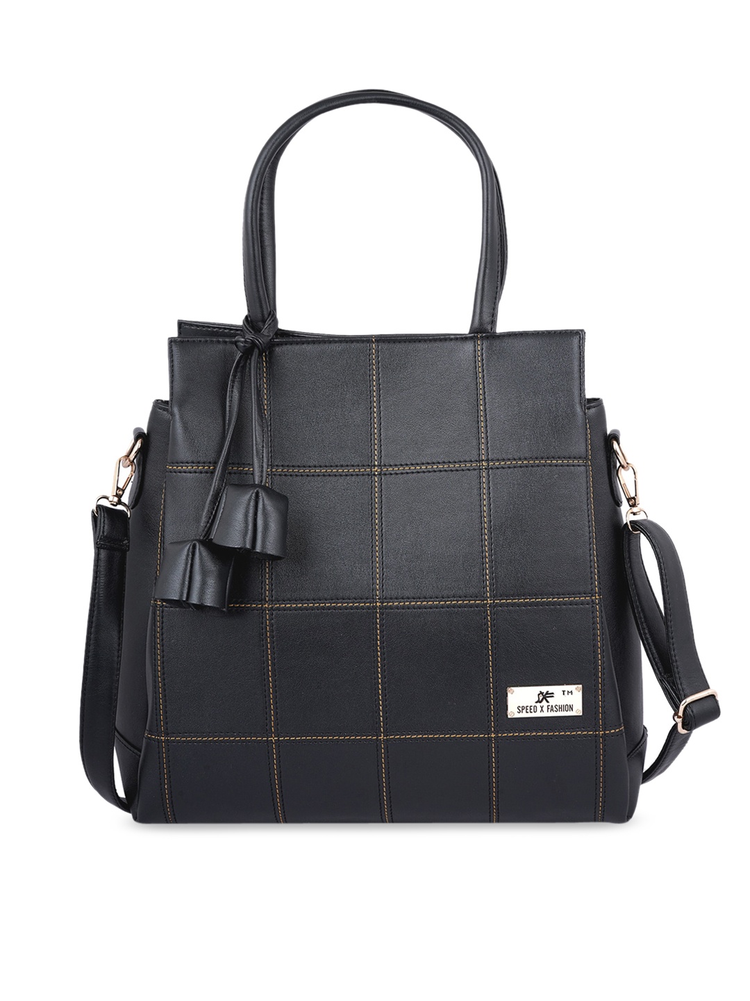 

SXF SPEED X FASHION Black Checked PU Structured Handheld Bag with Tasselled