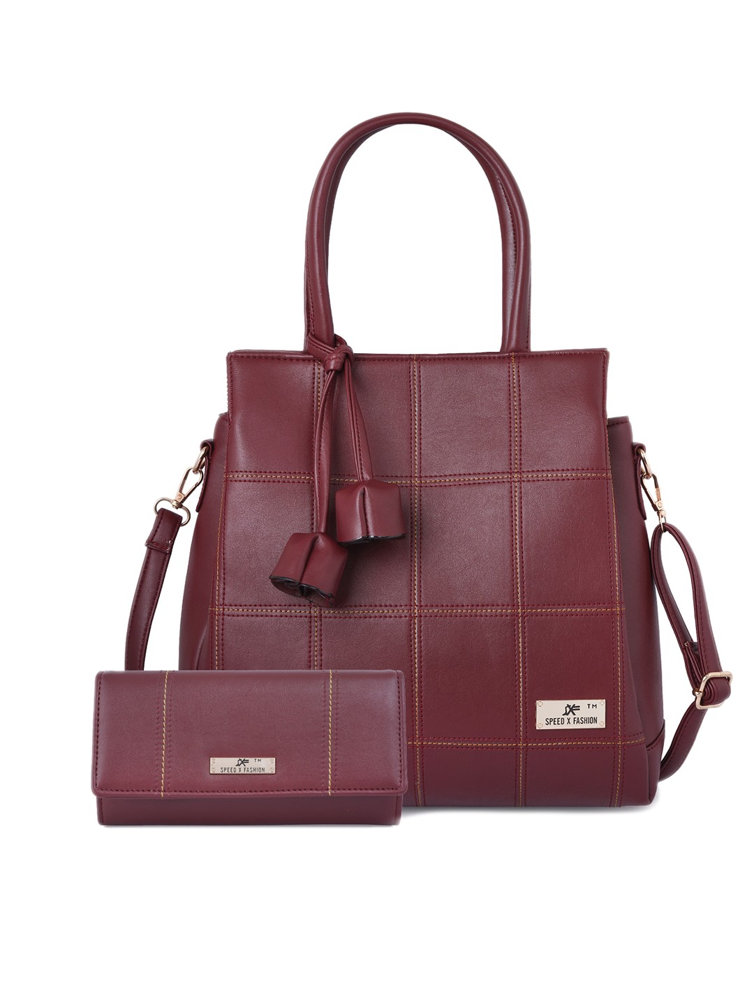 

SXF SPEED X FASHION Maroon Checked PU Structured Handheld Bag with Tasselled