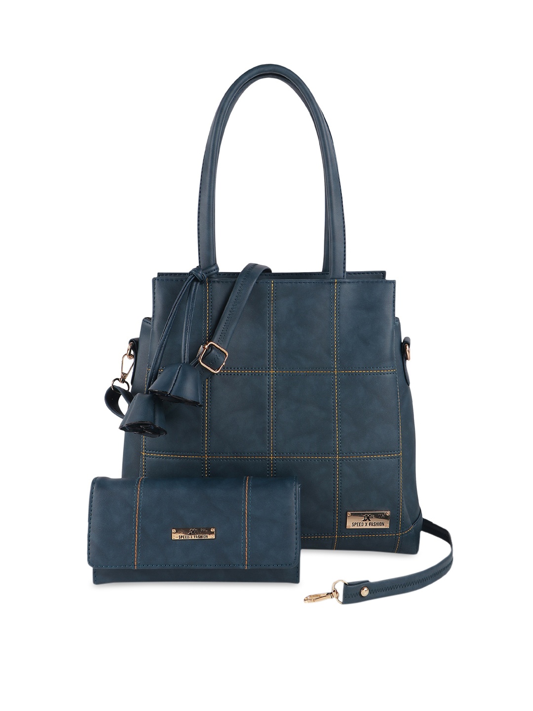 

SXF SPEED X FASHION Blue Checked PU Structured Handheld Bag