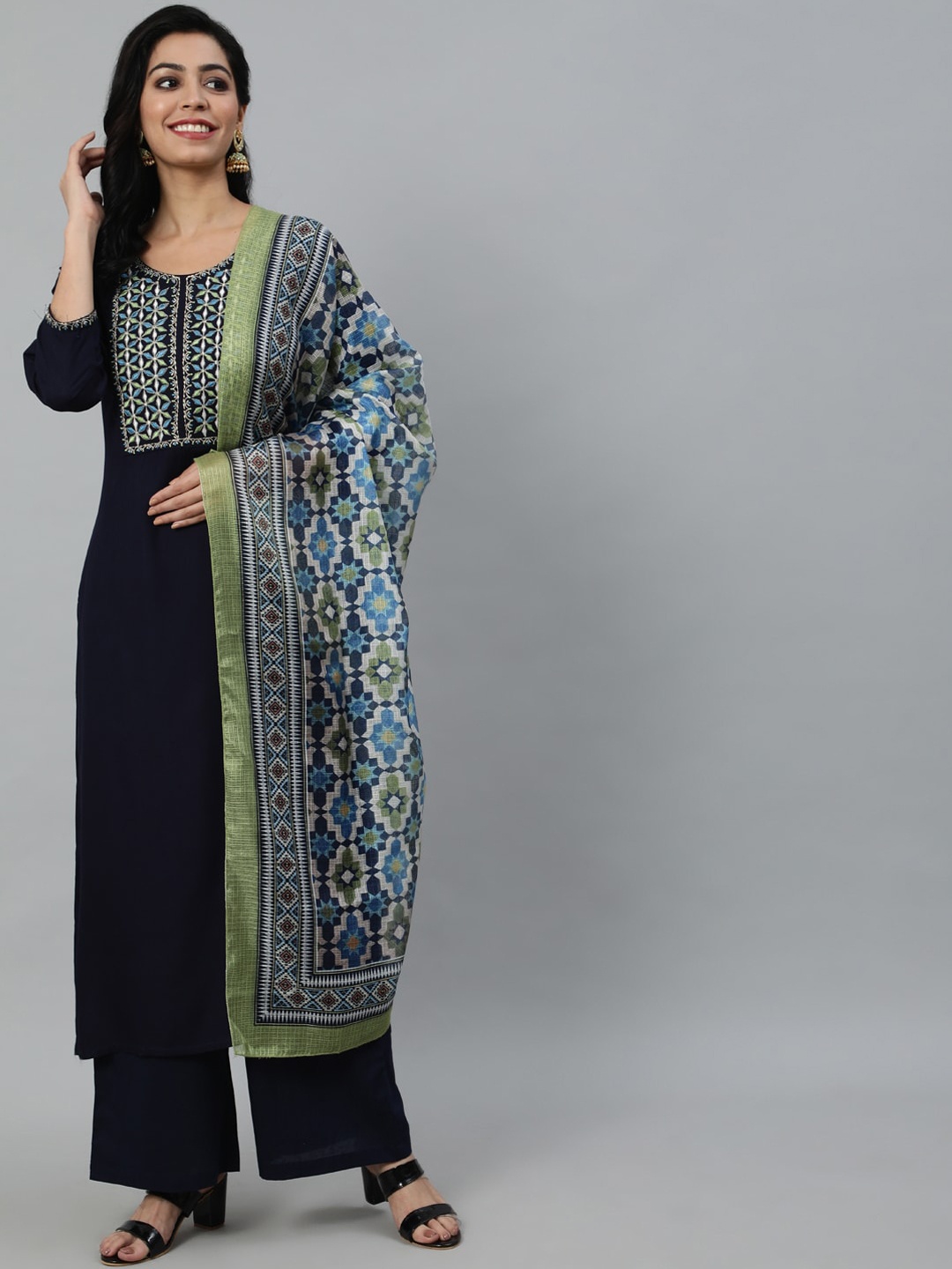

Nayo Women Blue Embroidered Thread Work Pure Cotton Kurta with Palazzos & With Dupatta
