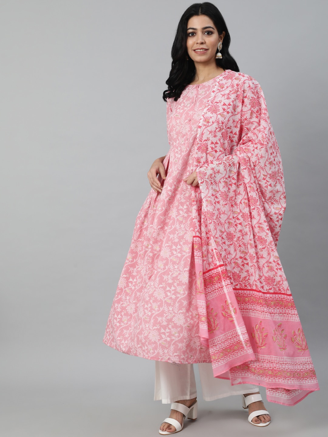 

Nayo Women Pink Floral Printed Pure Cotton Kurta with Trousers & With Dupatta
