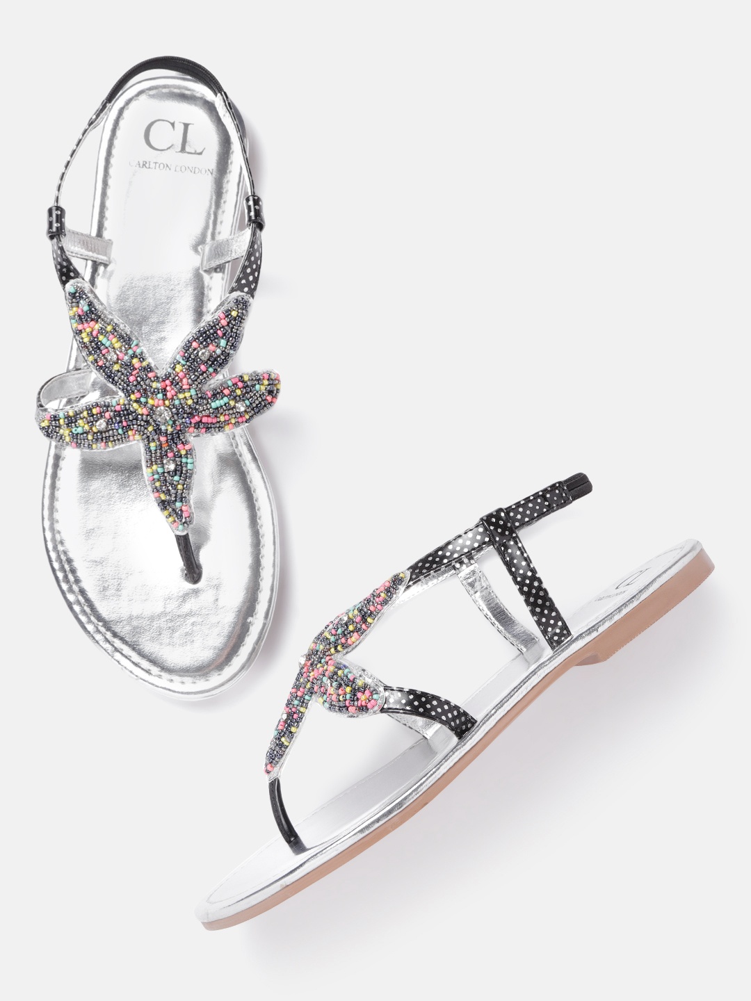 

Carlton London Women Gunmetal-Toned & Pink Beaded Floral Open Toe Flats, Metallic