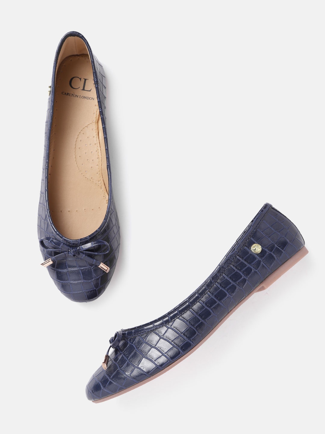 

Carlton London Women Navy Blue Croc Textured Ballerinas with Bow Detail