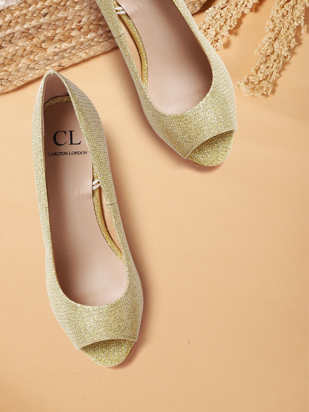 

Carlton London Women Gold-Toned Woven Design Shimmer Peep Toe Kitten Heels