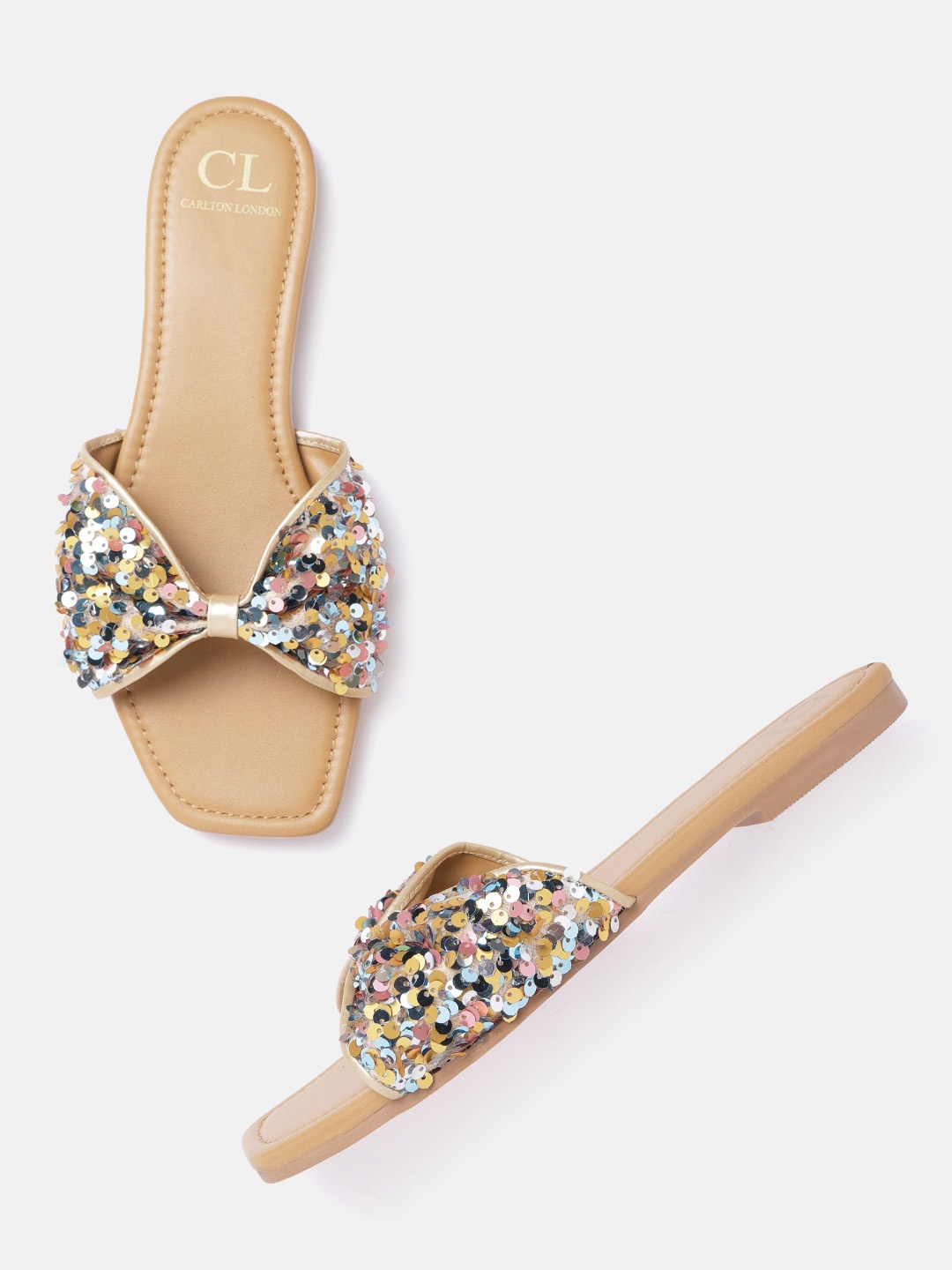 

Carlton London Women Gold-Toned & Pink Sequinned Open Toe Flats with Bow Detail