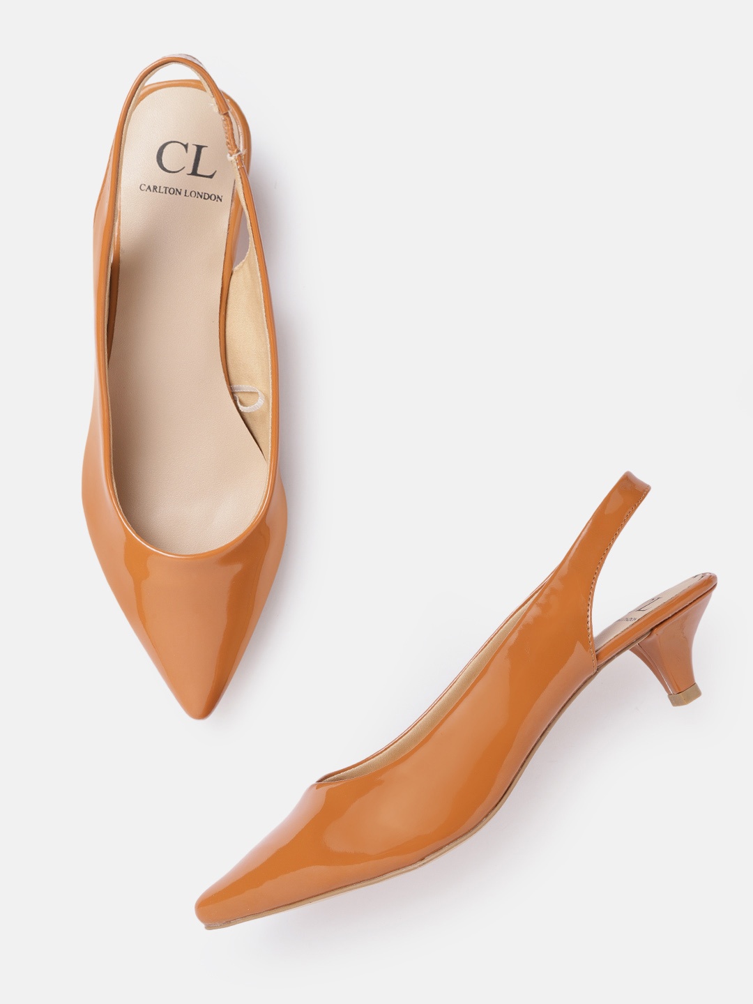 

Carlton London Tan Brown Patent Finish Kitten Pumps