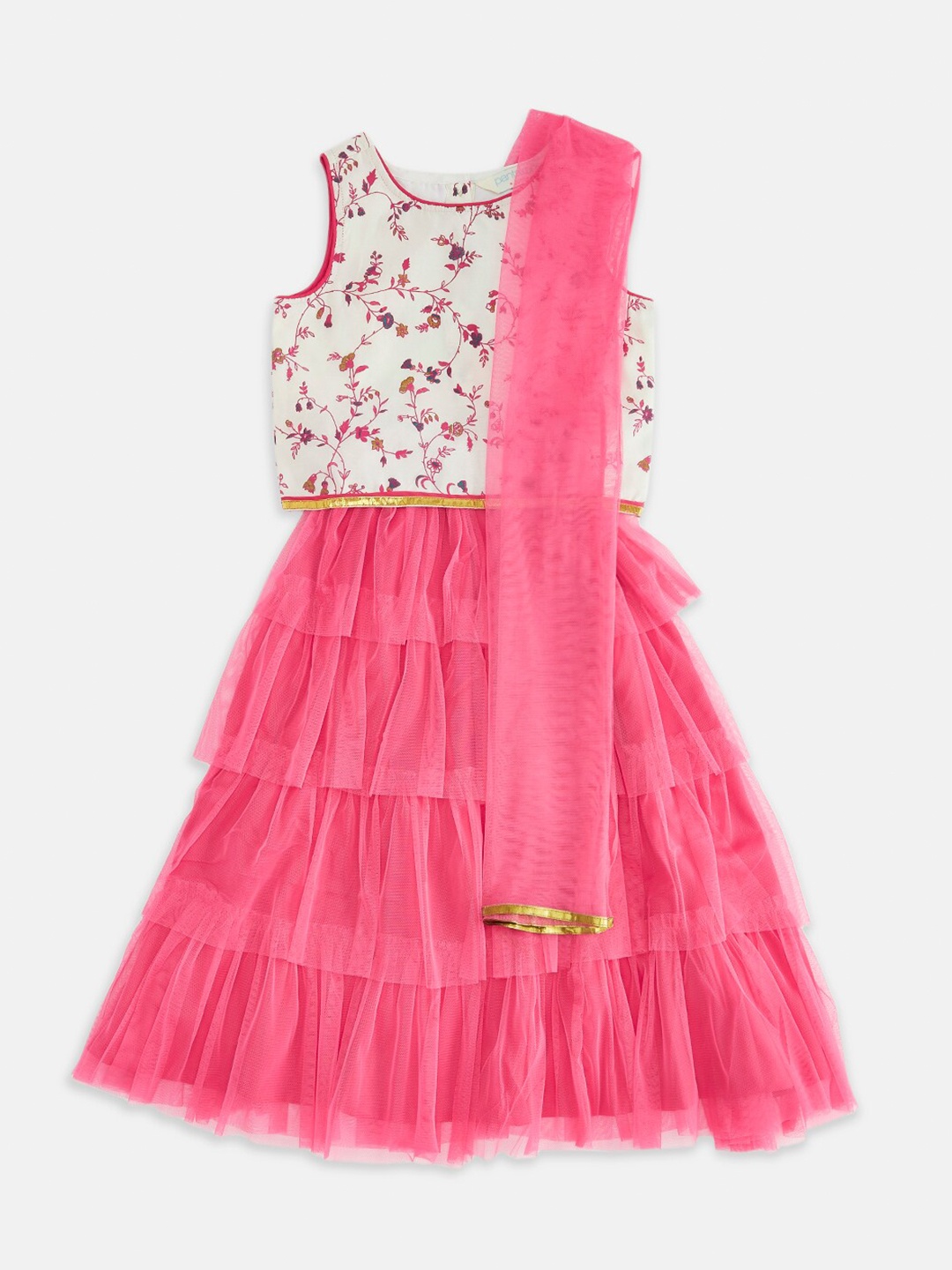 

AKKRITI BY PANTALOONS Girls Off White & Pink Printed Ready to Wear Lehenga Choli
