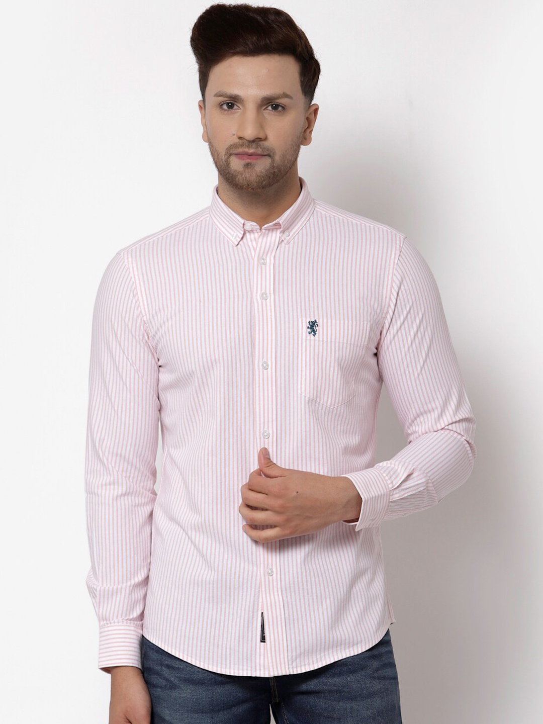 

Red Tape Men Peach-Coloured Striped Regular Fit Pure Cotton Casual Shirt