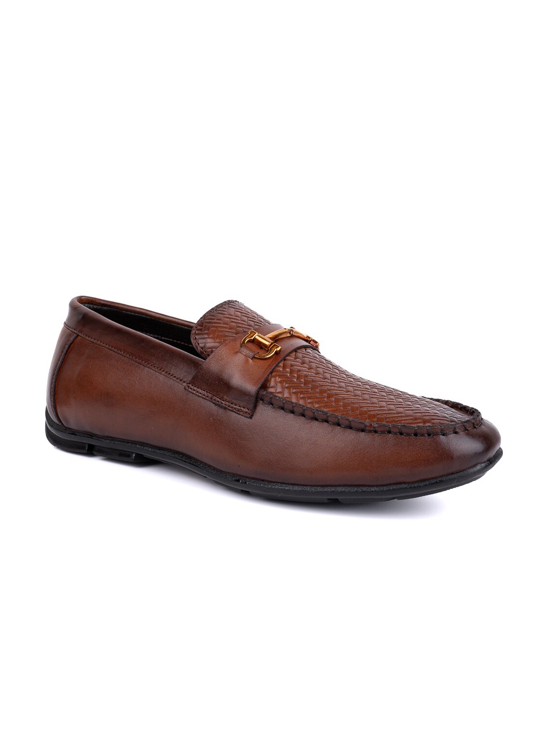 

LA BOTTE Men Tan Brown Textured Leather Formal Horsebit Loafers