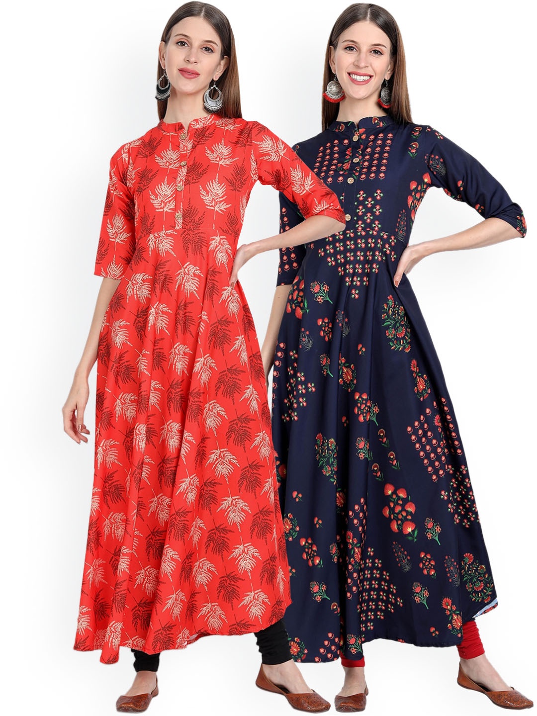 

7Threads Women Pack of 2 Floral Printed Floral Crepe Kurta, Orange