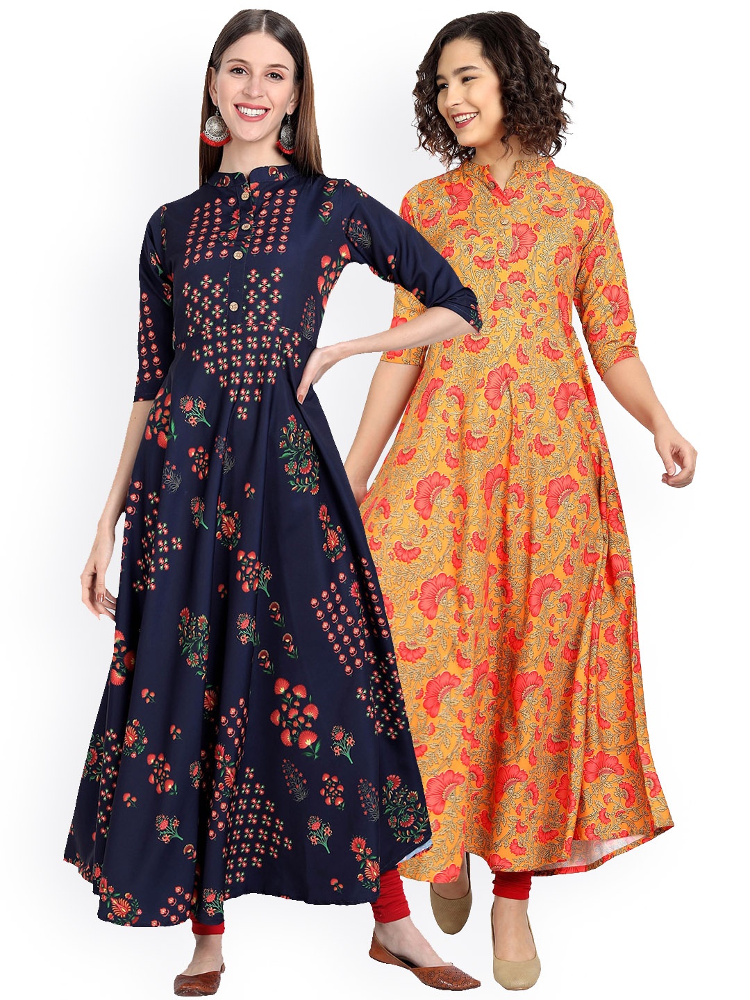 

7Threads Women Pack of 2 Floral Printed Floral Crepe Anarkali Kurta, Yellow
