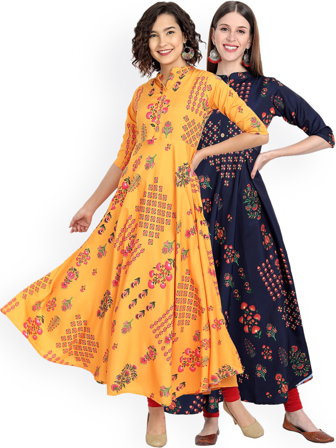 

7Threads Women Pack of 2 Yellow & Navy Blue Floral Printed Floral Crepe Anarkali Kurta