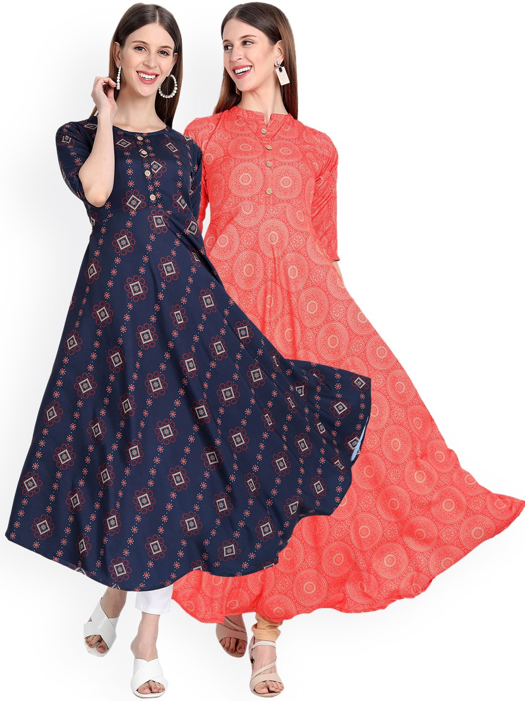 

7Threads Women Pack of 2 Printed Floral Crepe Anarkali Kurta, Blue