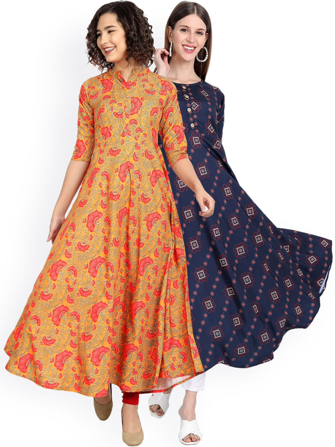 

7Threads Women Pack of 2 Printed Floral Crepe Anarkali Kurta, Blue