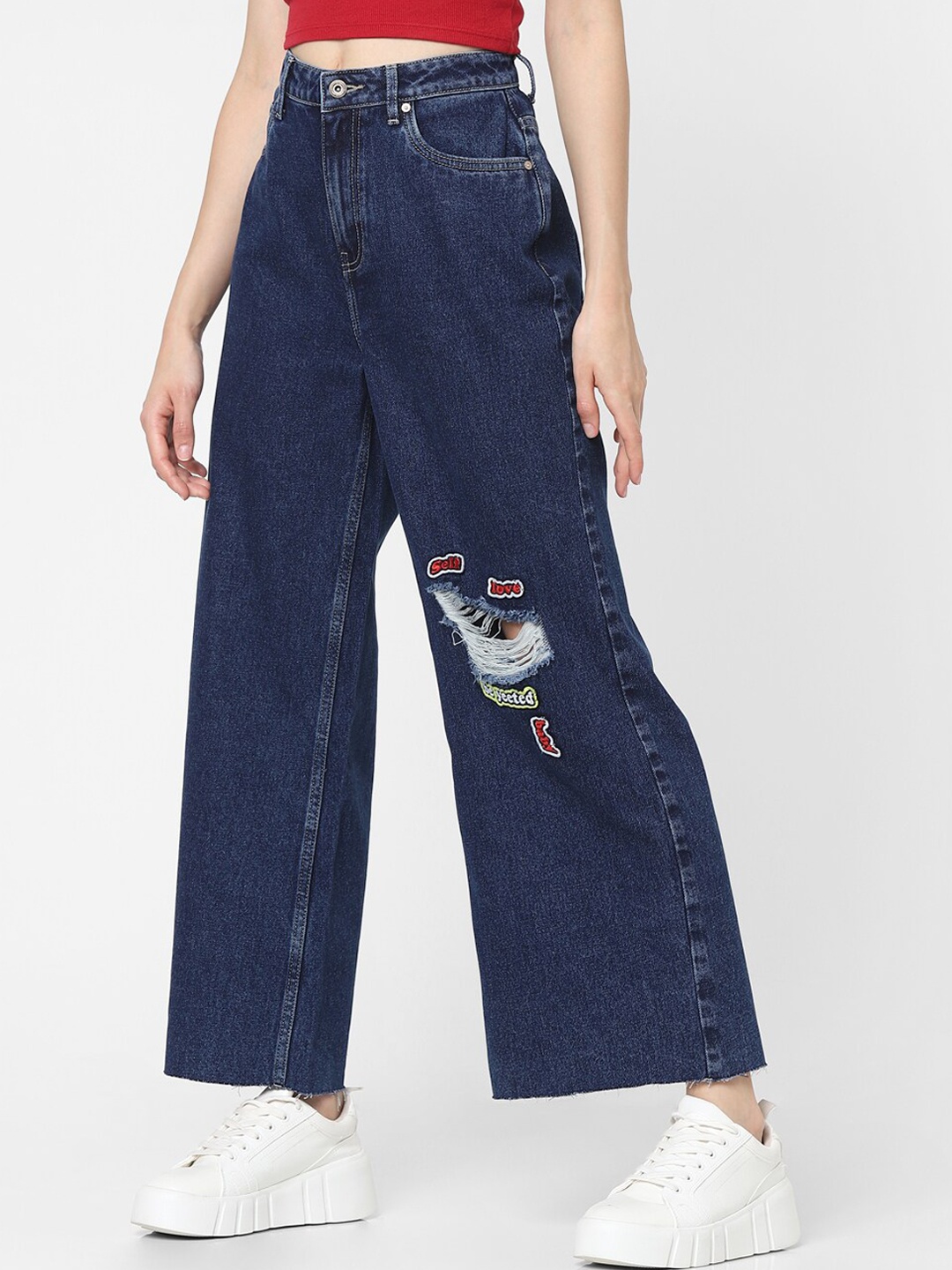 

ONLY Women Blue Flared High-Rise Low Distress Applique Jeans