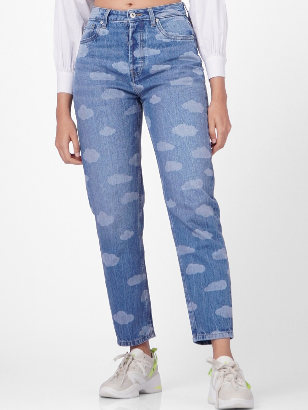 

ONLY Women Blue Mom-Fit High-Rise Light Fade Printed Jeans