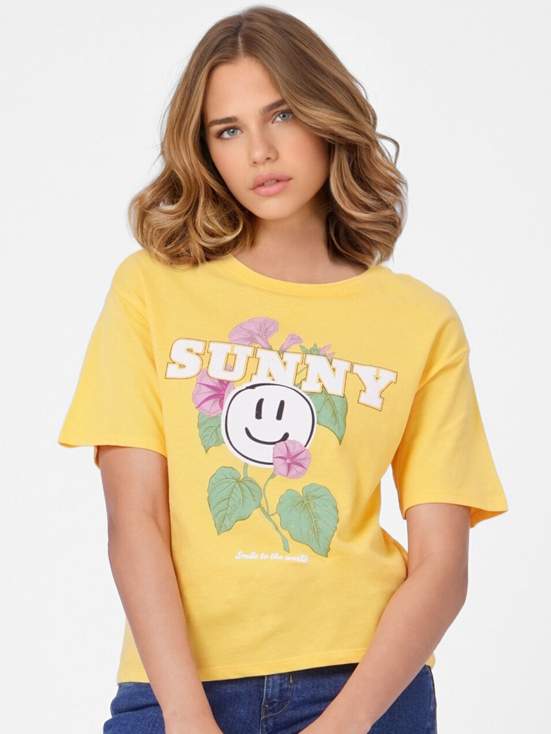 

ONLY Women Yellow Typography Printed Applique T-shirt