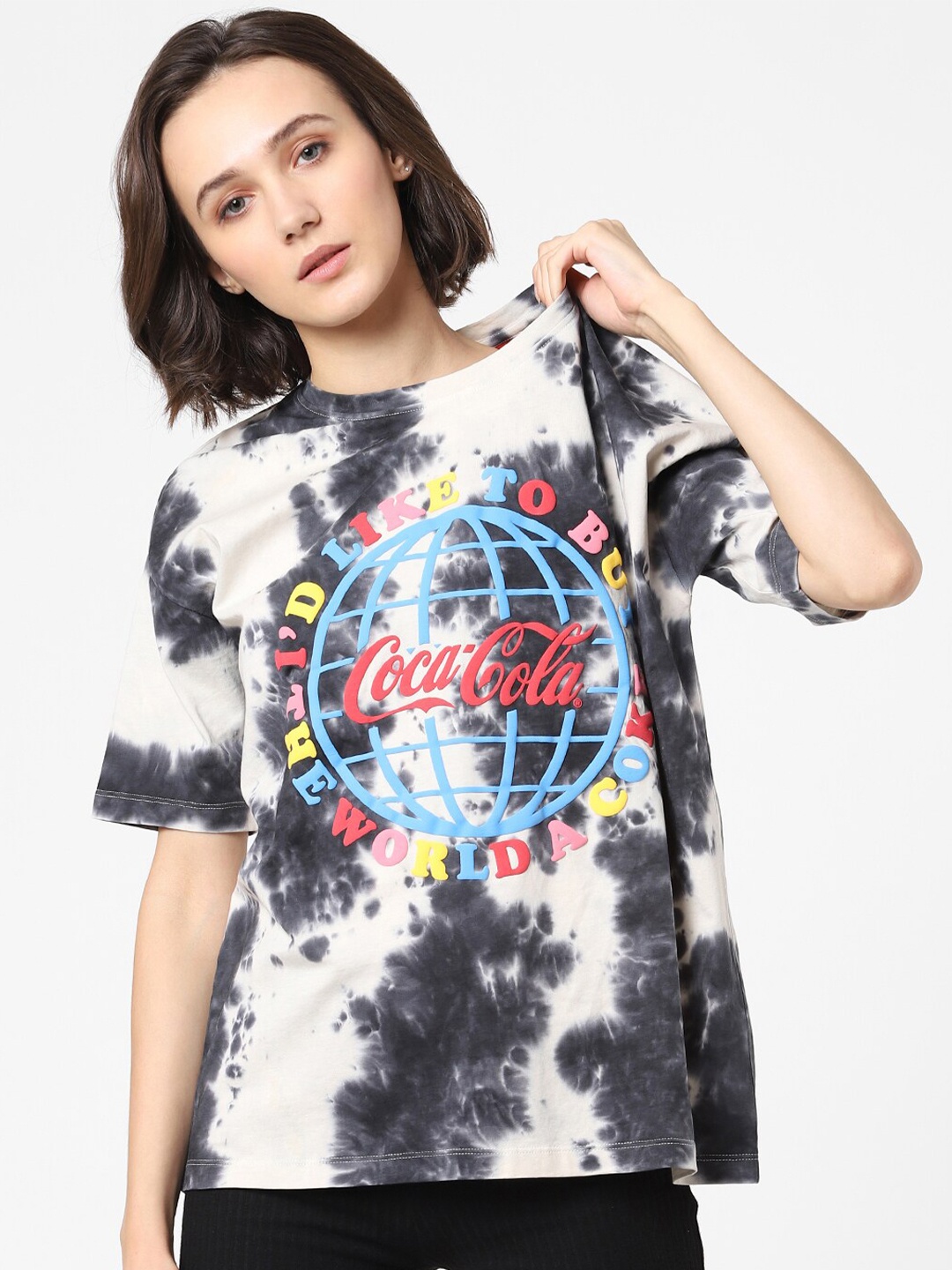 

ONLY Women White & Grey Tie and Dye Printed Drop-Shoulder Sleeves T-shirt