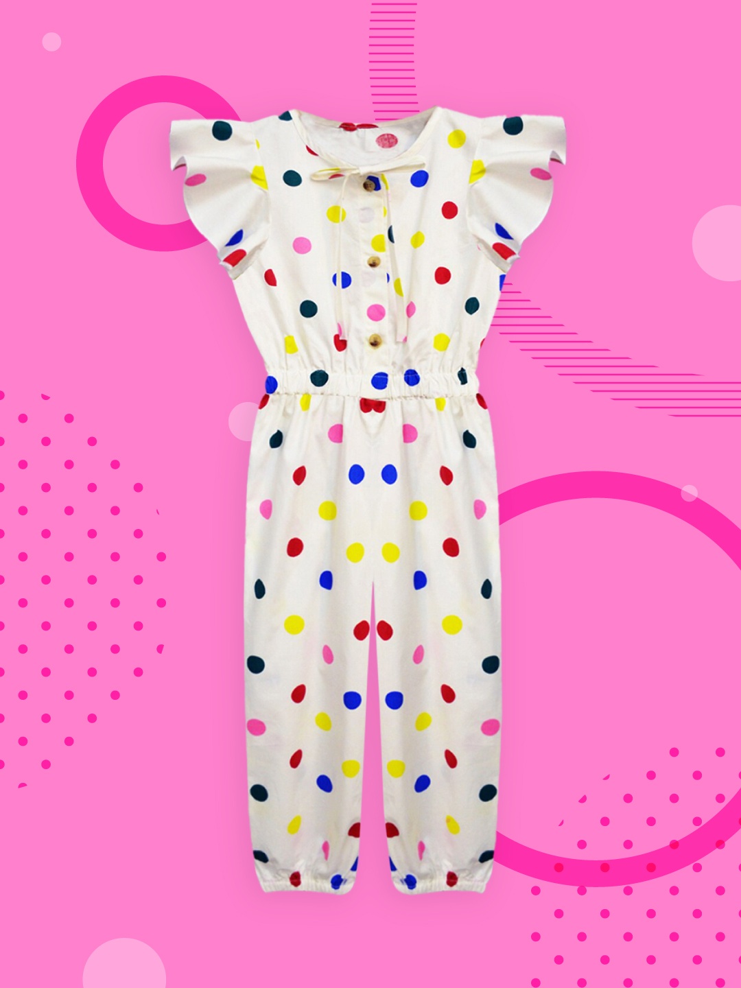 

A.T.U.N. Girls Off-White & Blue Polka Dots Printed Pure Cotton Basic Jumpsuit