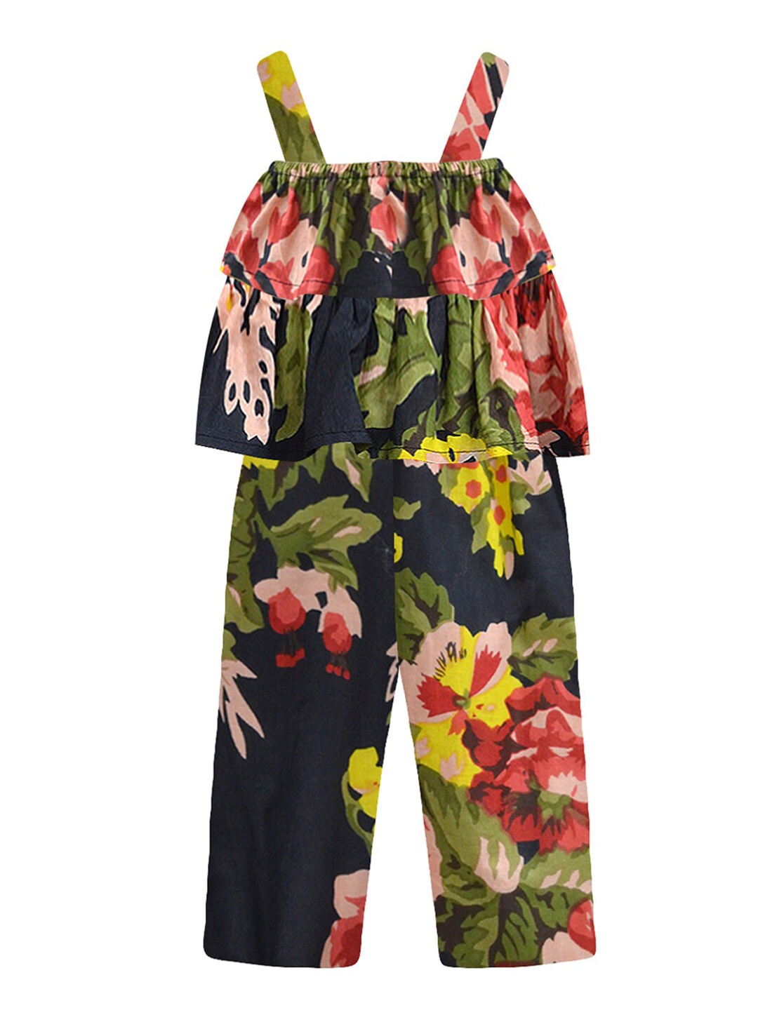 

A T U N Girls Black & Green Floral Printed Basic Jumpsuit