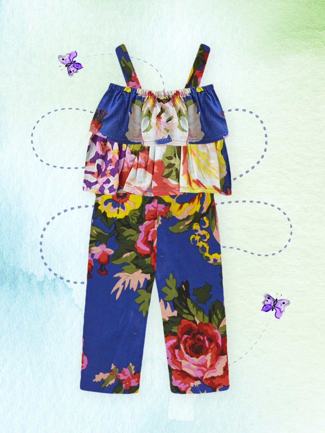 

A.T.U.N. Girls Blue & Red Printed Pure Cotton Basic Jumpsuit