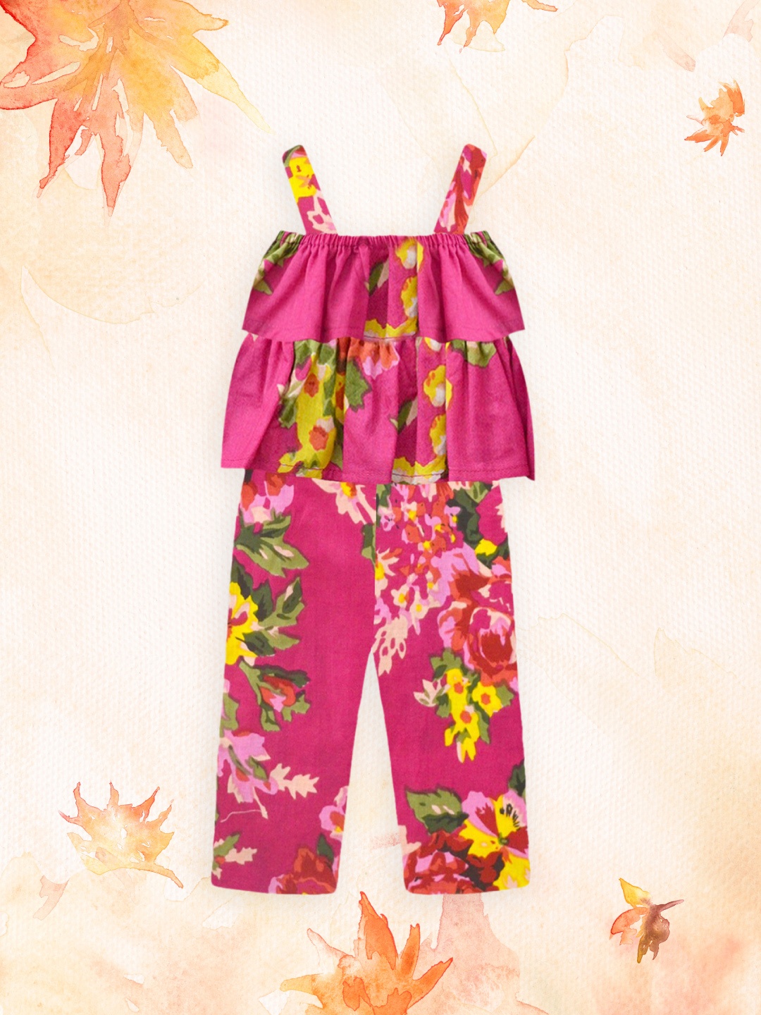 

A.T.U.N. Girls Fuchsia & Green Printed Pure Cotton Basic Jumpsuit