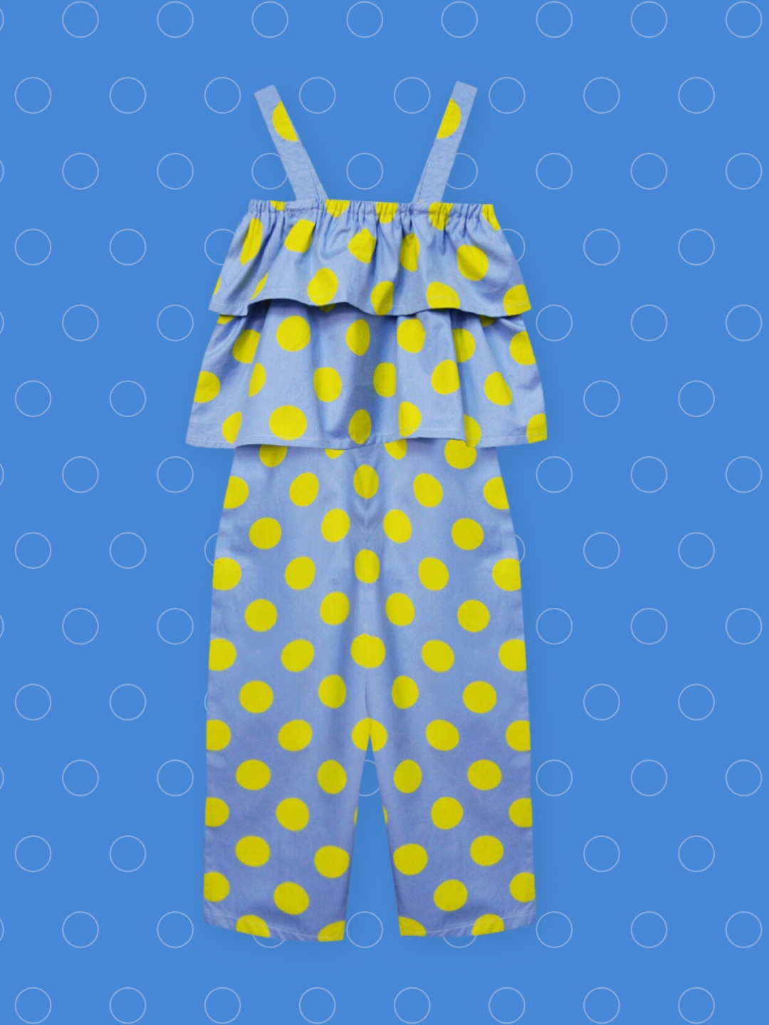 

A T U N Girls Blue & Yellow Polka Dots Printed Basic Jumpsuit