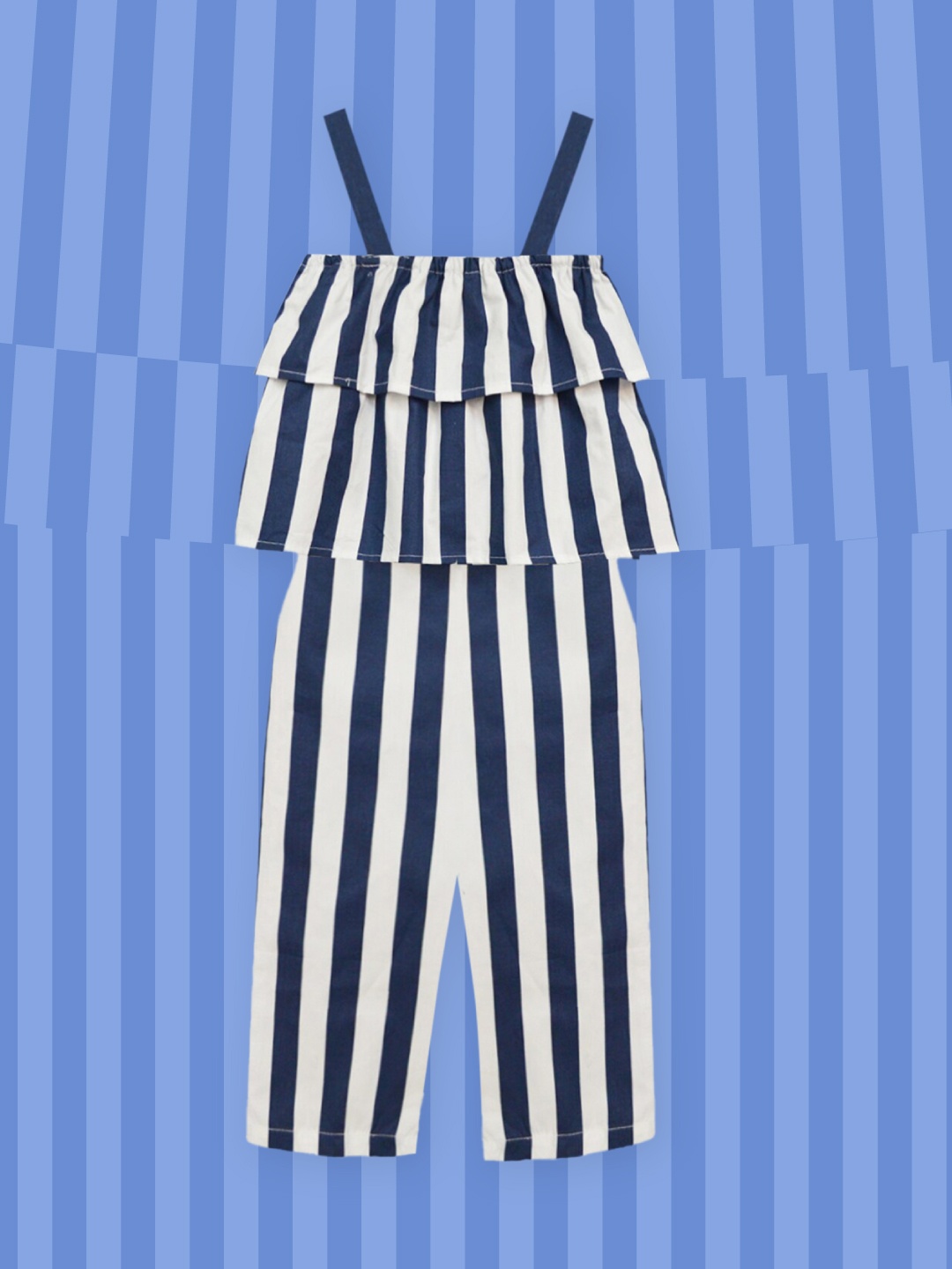 

A.T.U.N. Girls Navy Blue & White Striped Pure Cotton Basic Jumpsuit