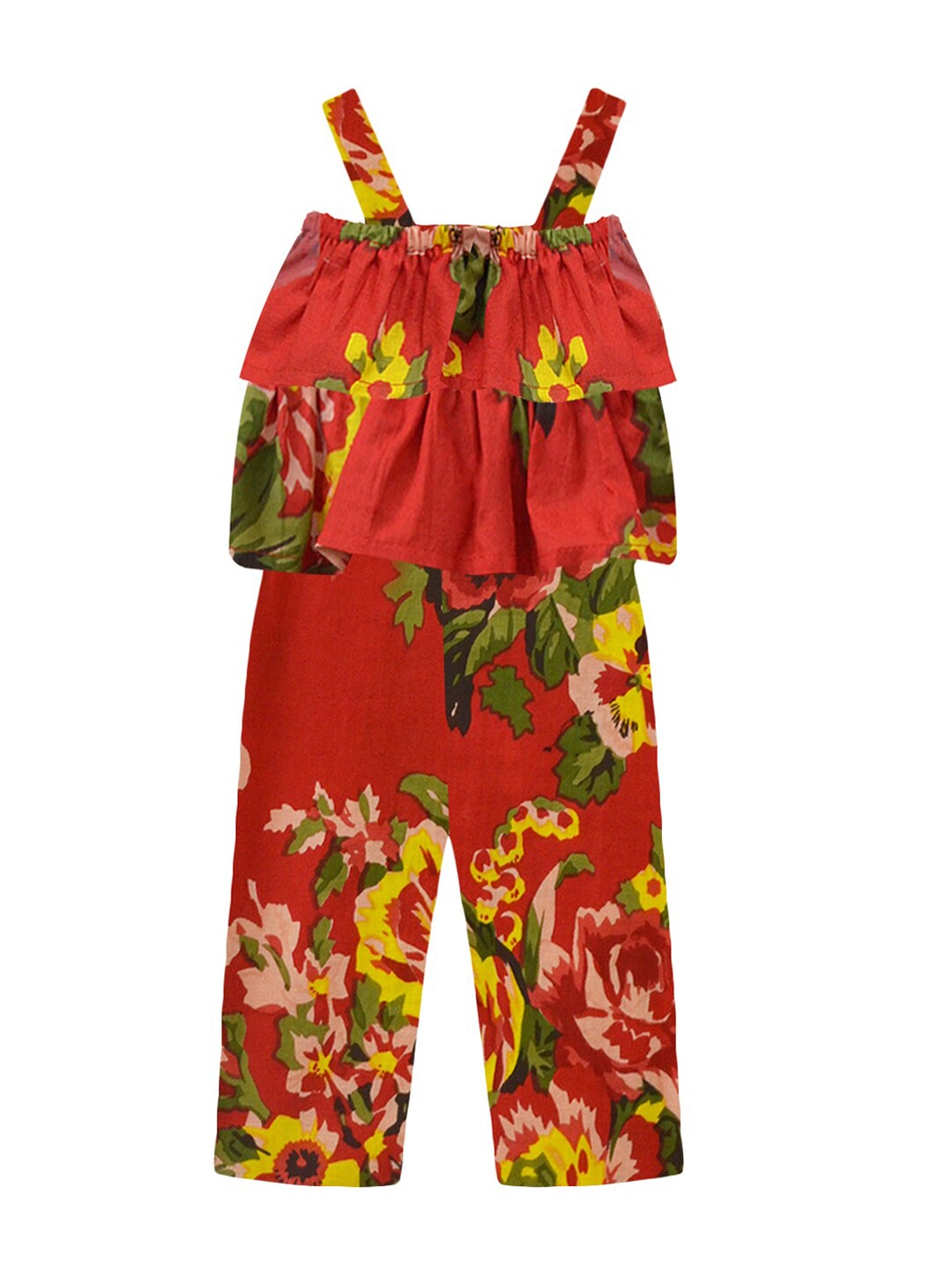 

A.T.U.N. Girls Red & Yellow Floral Printed Pure Cotton Layered Basic Jumpsuit