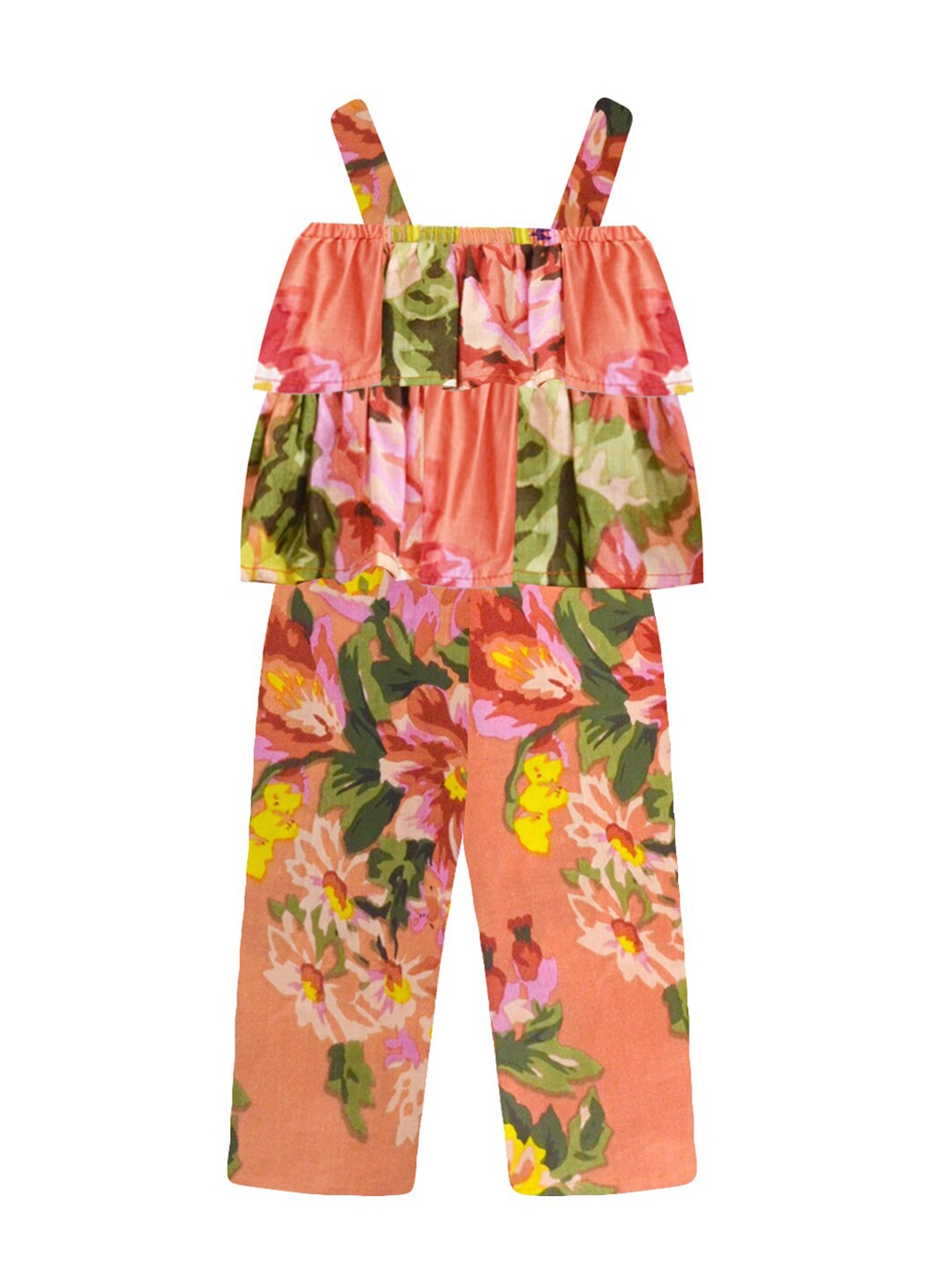 

A T U N Girls Peach-Coloured & Green Printed Basic Jumpsuit